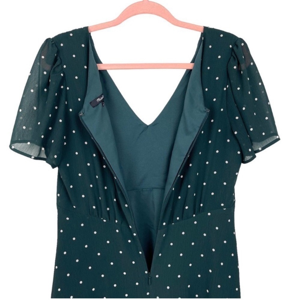 Madewell green and white dot smocked shoulder v neck dress smoky spruce, size 0 - Picture 7 of 10